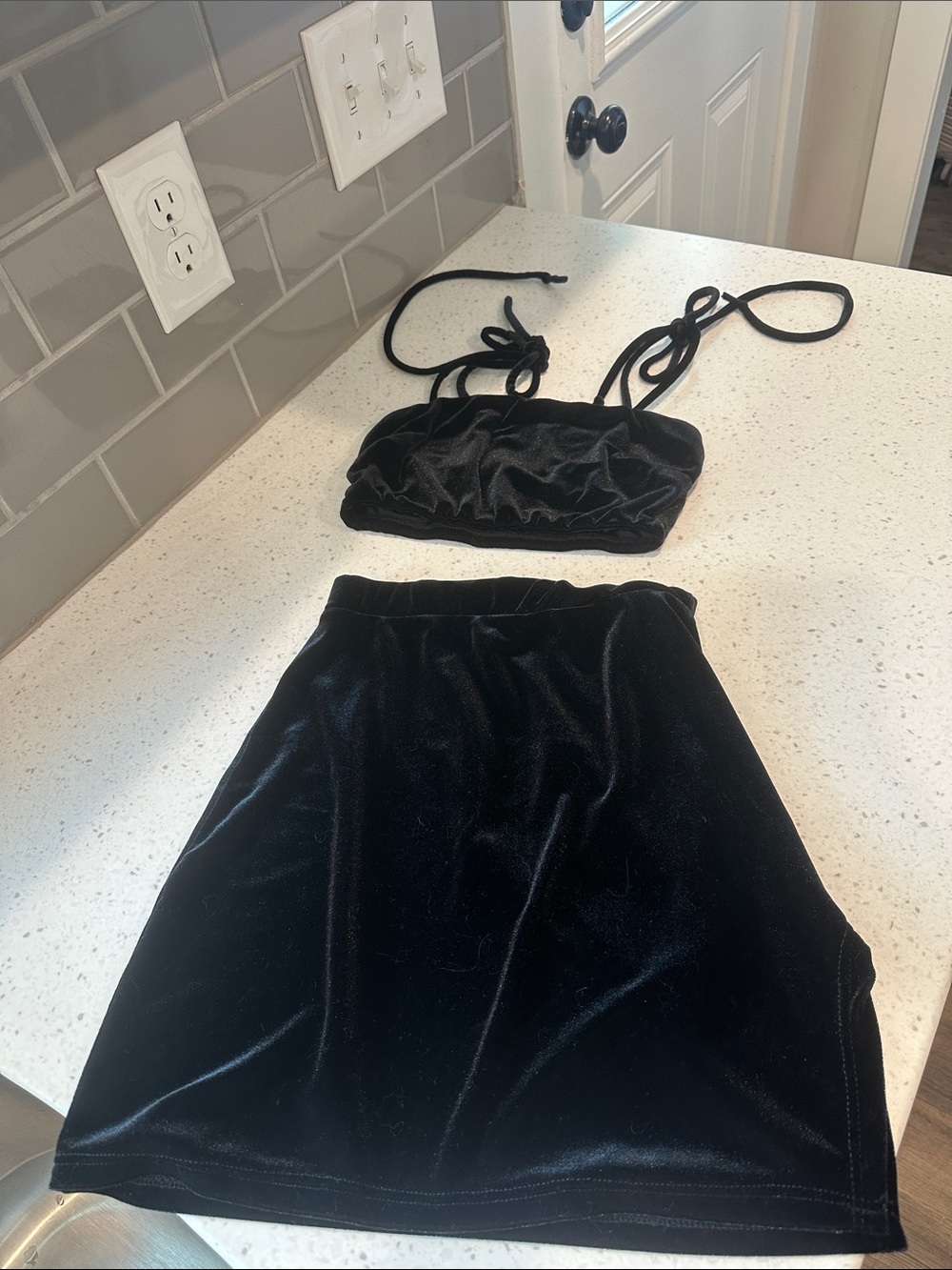 Fashion Nova Black Velvet Two-Piece Crop Top and Skirt Set